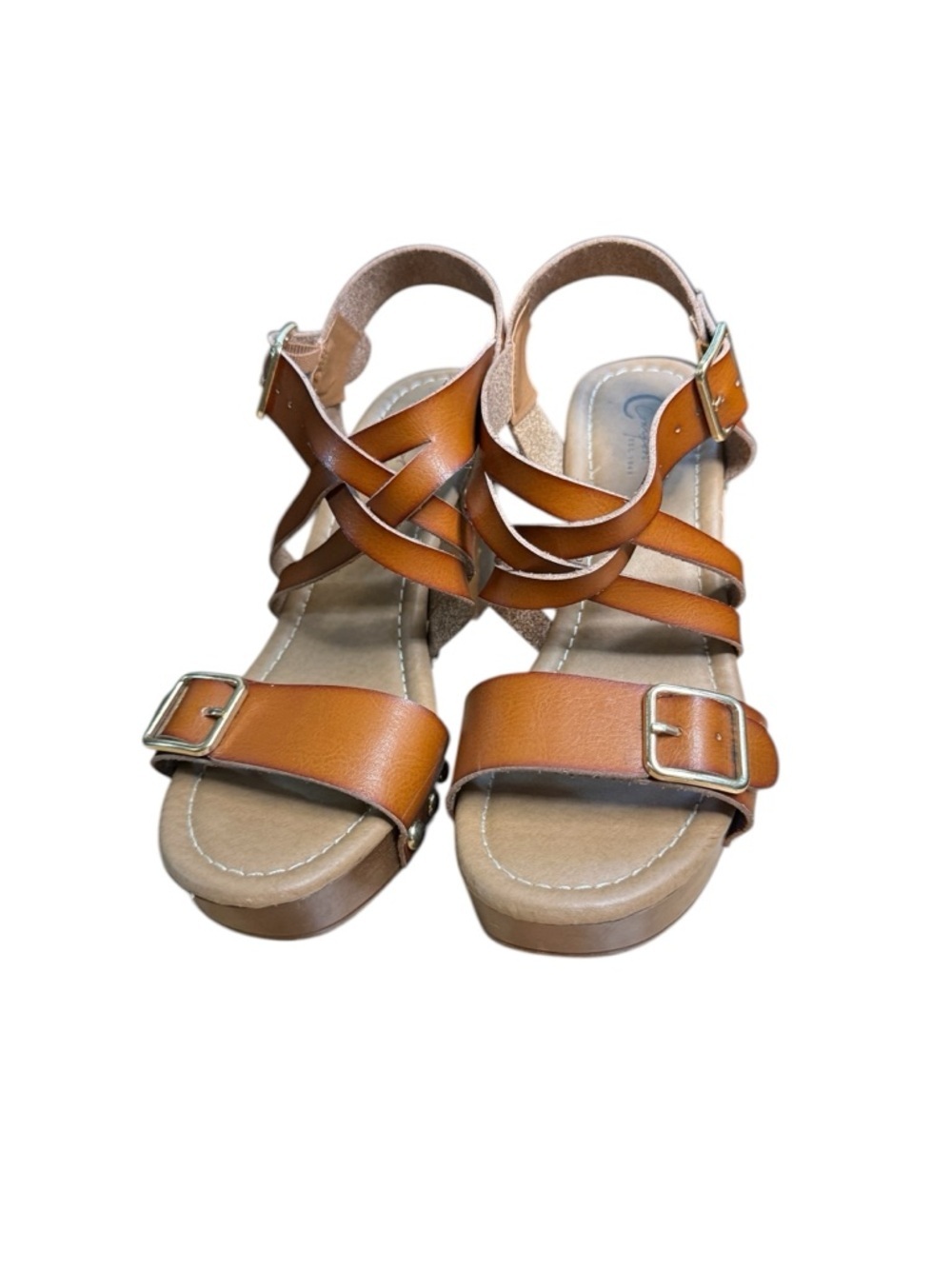 Cato Comfort Faux Leather Tan Strappy Buckle Sandals with Block Heel Size 7